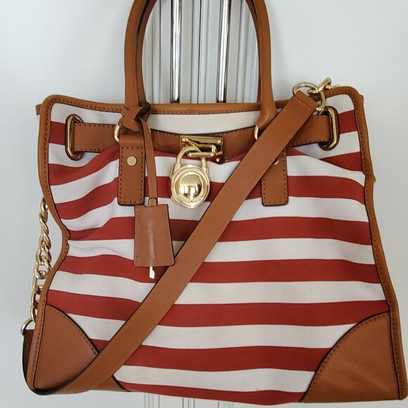 NWOT -Michael Kors Hamilton Red & White Striped Nautical Satchel Gold Lock & Key - Picture 1 of 15